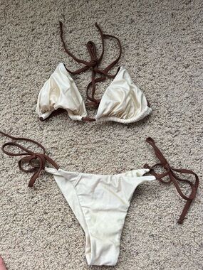 Seamolly, never worn Cream and Brown Tie-Side Triangle Bikini Set